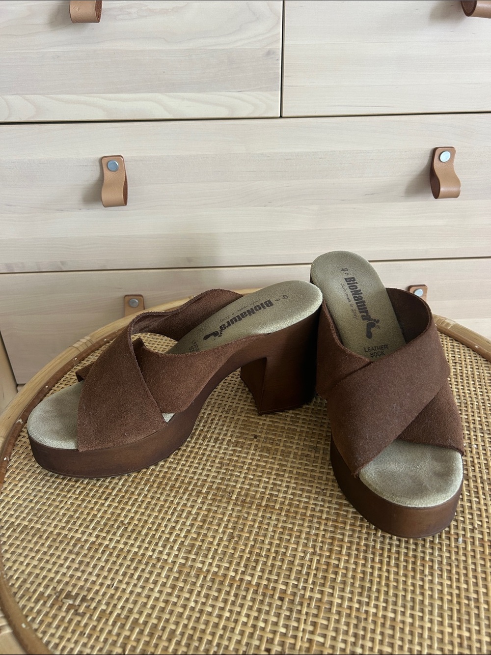 BioNatura Genuine Suede Leather Brown Platform Cross-Strap Heeled Mules Sandals